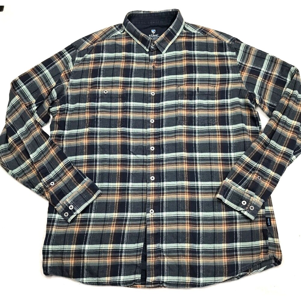 KUHL Fugitive Flannel Shirt Men XL Teal Brown Plaid Hiking Outdoor Tencel Gorp